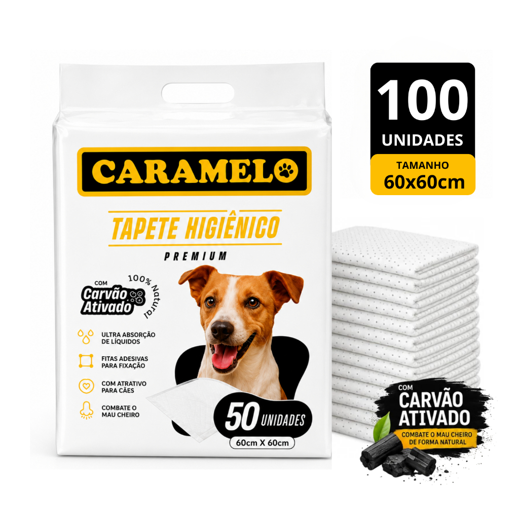 Tapetes Higiênicos Com Carvão Ativado 100 unidades Tamanho 60x60 para Cachorros - Caramelo