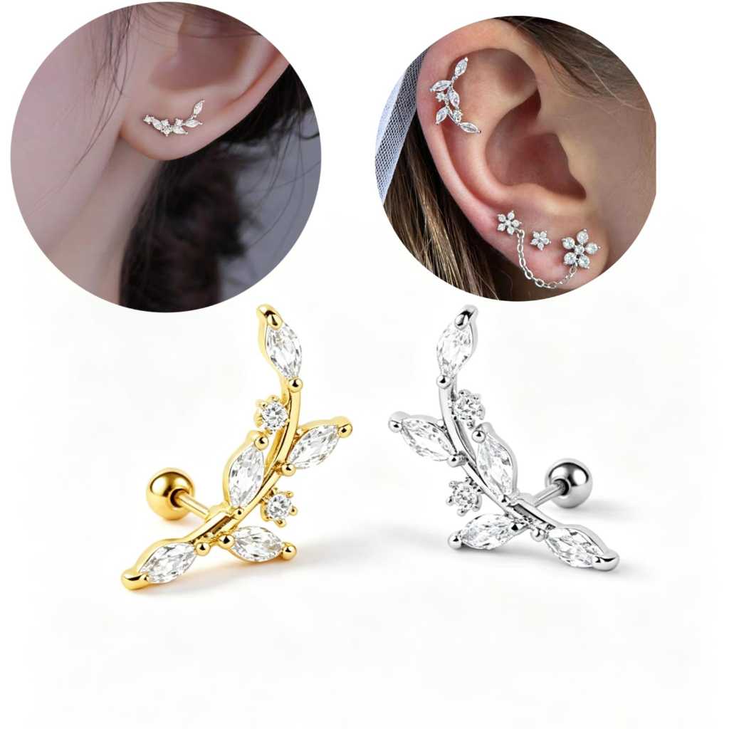 1 peça Brinco Modelo Ramo Folhado com Zircônia para Cartilagem Auricular