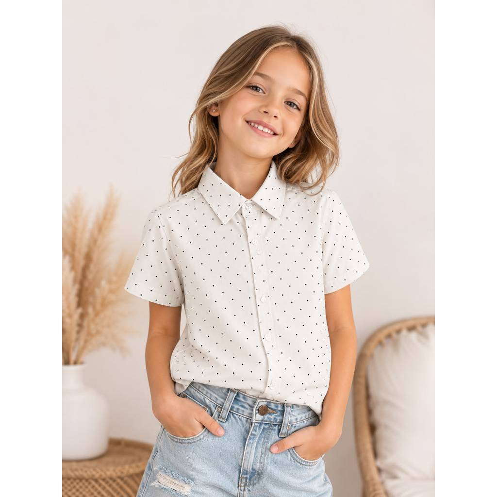 Camisa Social Infantil Menina Manga Curta Botões Viscolinho bolinha Elegante Verão Casual Confortável