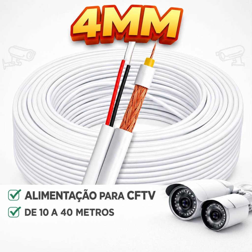 Cabo Coaxial 4mm + Bipolar Para Instalações De Câmeras CFTV RF 10,15,20,25,30 e 40 Metros