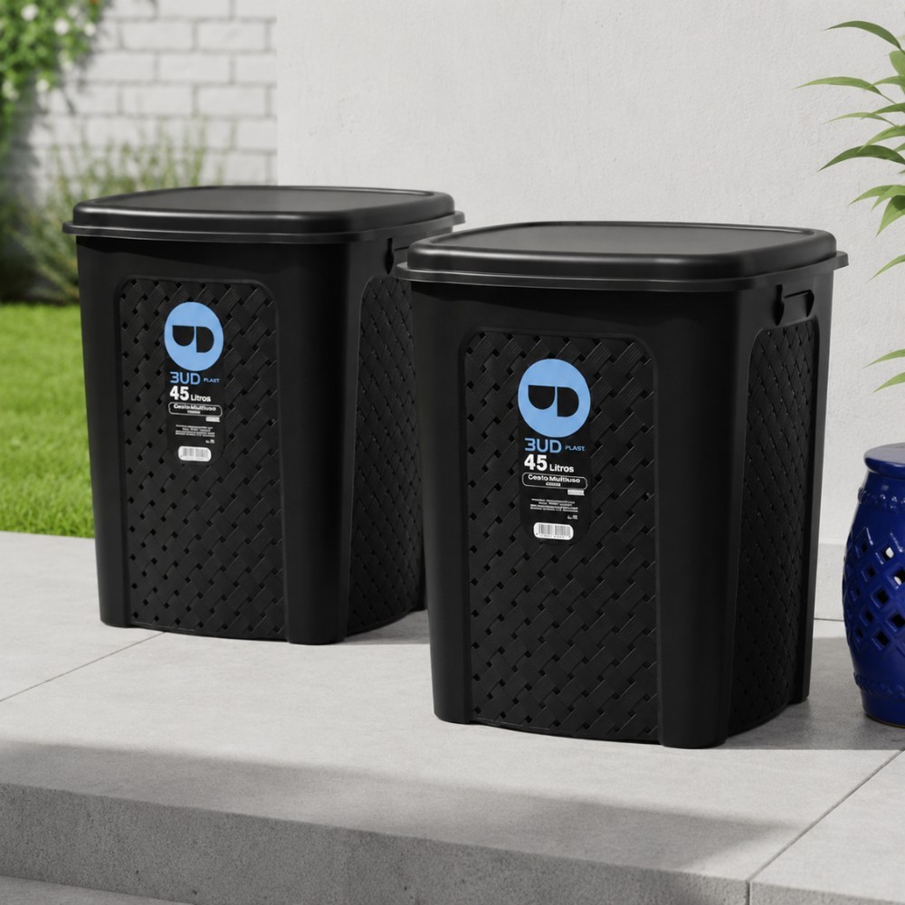 Kit 2 Cesto Para Roupa Suja Rattan 45L Com Tampa Organizador Lavanderia Banheiro Preto