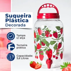 Suqueira 3,6L Plástica Decorada + Torneira Tampa Vermelha de Rosca com Alça para Festa Eventos e Área Gourmet