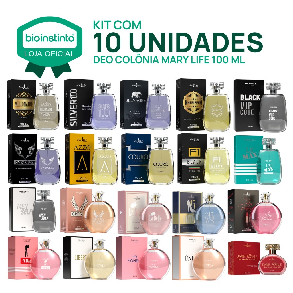 10 Perfumes Mary Life 100 ml colônia Masculino Feminino Marcante Atraente Envolvente Inspiração Luxo