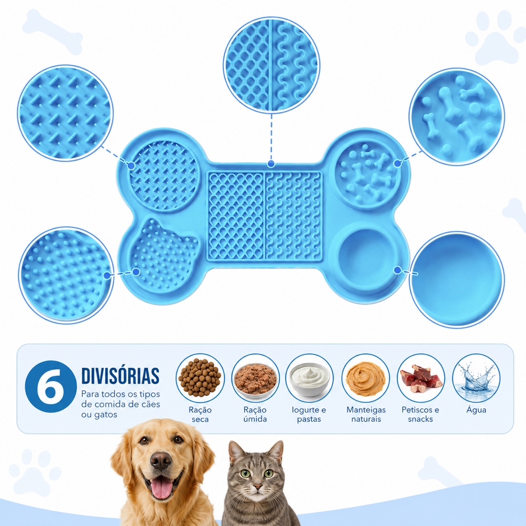 Tapete Lambedor Inibidor de Ansiedade Silicone c/ Ventosa Comedouro Lento Pet 4 Divisórias 6 Em 1