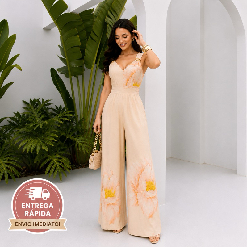 Macacão Feminino Pantalona Floral Elegante luxo confortável modesto Viscolinho premium