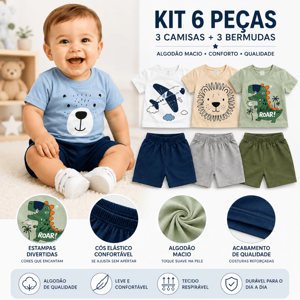 Kit 6 Peças Menino Conjunto  Bebê Infantil Estampas Divertidas Inverno 3 Camisas 3 Bermudas Algodão — imagem 1
