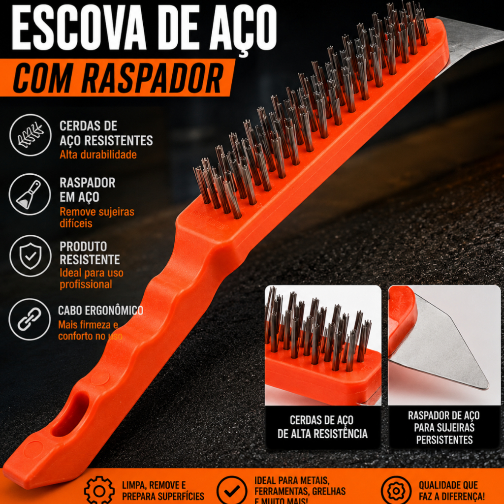 Escova de Aço com Raspador Removedor de Sujeira e Ferrugem Tinta Graxa Sujeira Multiuso