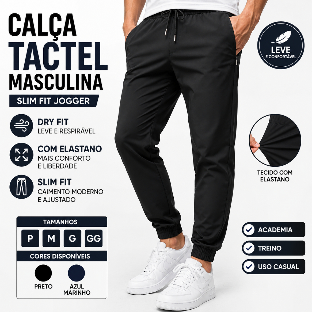 Calça Tactel Masculina Dry Fit com Elastano Slim Fit Jogger Academia Corrida Caminhada Casual