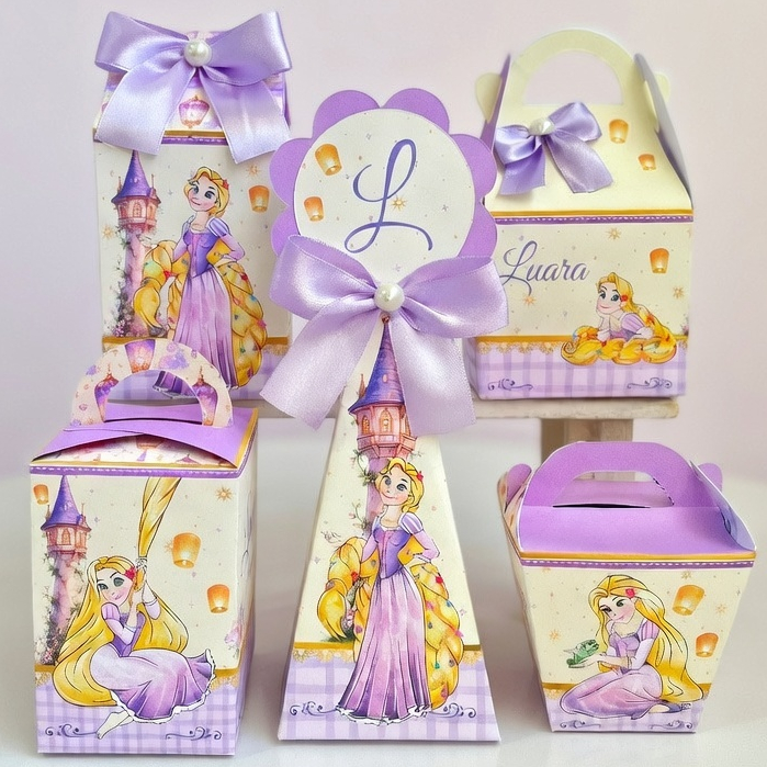 Caixas milk personalizadas com laço caixinha surpresa lembrancinha festa infantil rapunzel enrolados