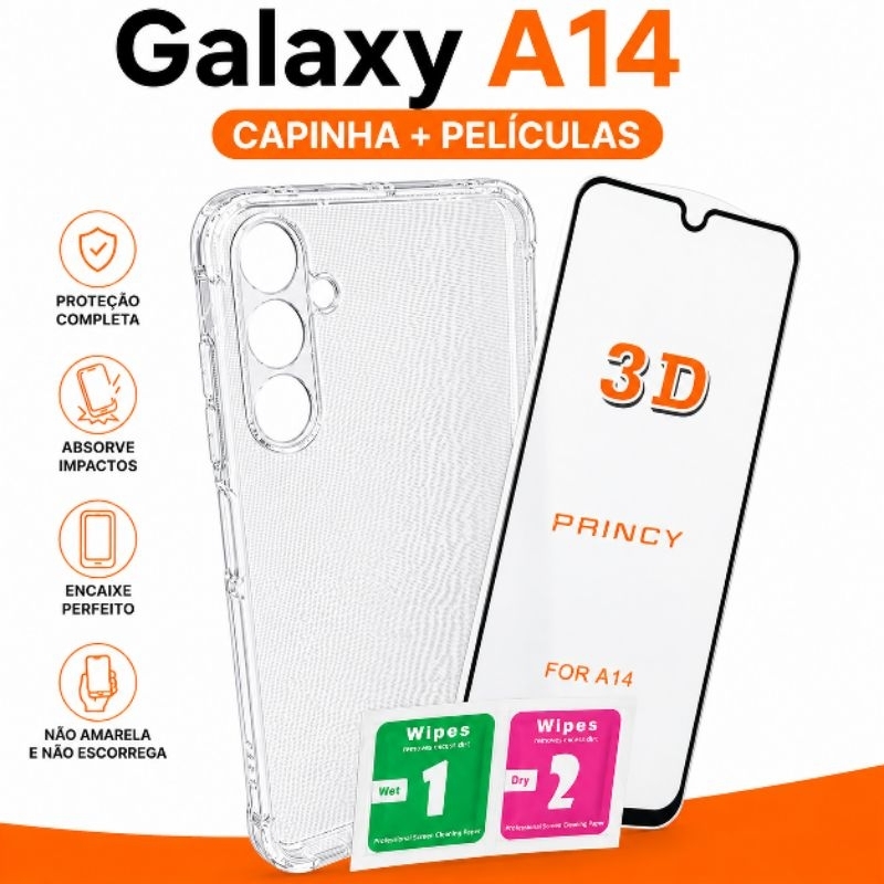 Capinha Samsung Galaxy A14 TPU Transparente ou Kit Capa + Película de Privacidade/ Cerâmica/ Cerâmica Privaci/ Vidro 3D