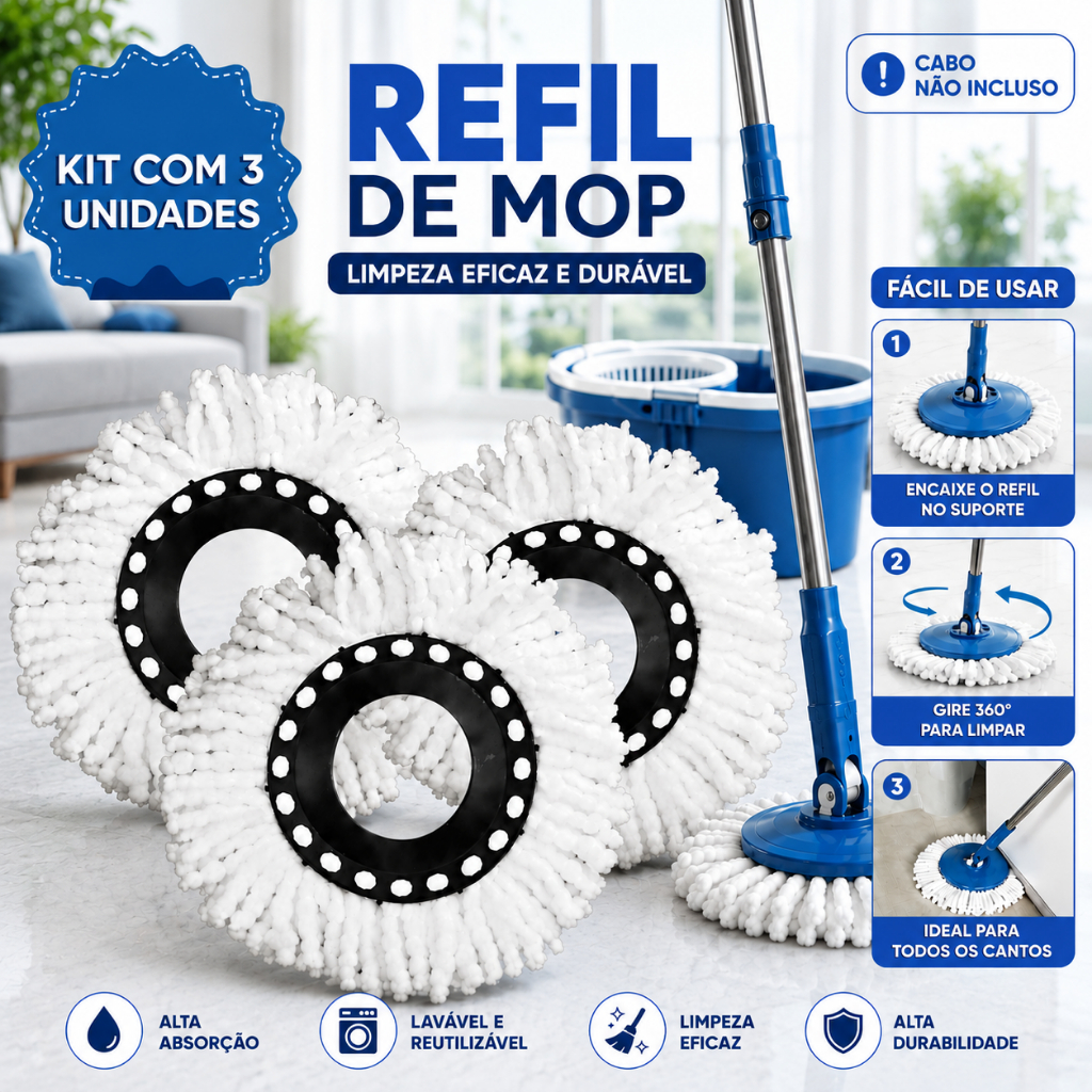 Kit 3 Refil para Mop Giratório 360° Microfibra Alta Absorção Lavável Reutilizável Limpeza Eficiente