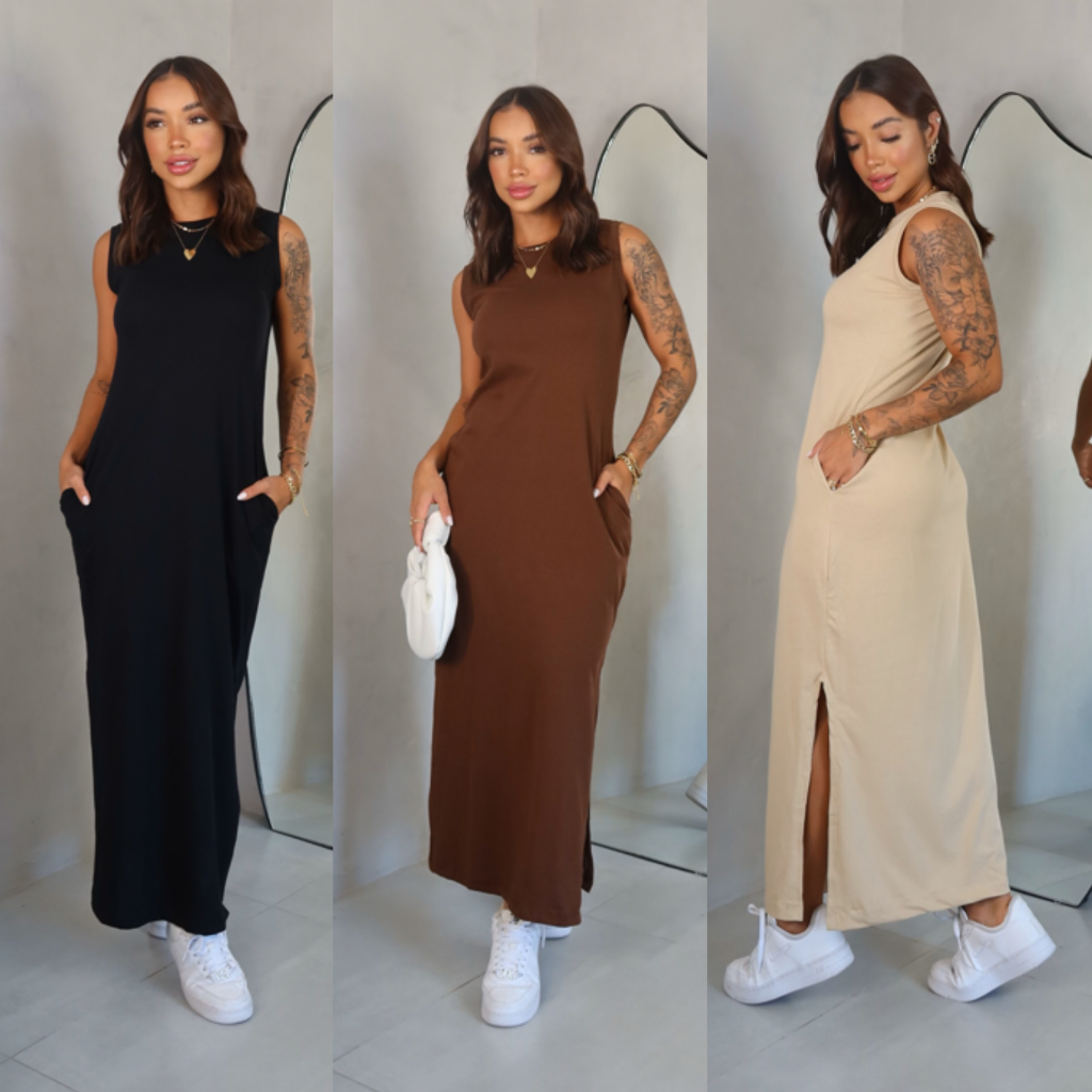 Vestido longo casual basico Midi feminino Com Bolso e Fenda Laterais Cavado Algodão blogueira moda gringa