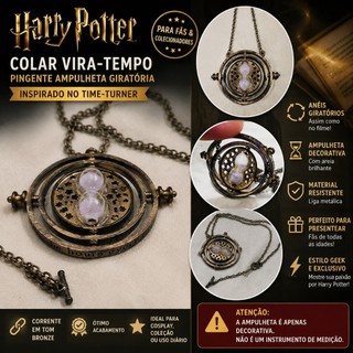 Cordão Colar Vira-Tempo Harry Potter Pingente Ampulheta Giratória Bronze