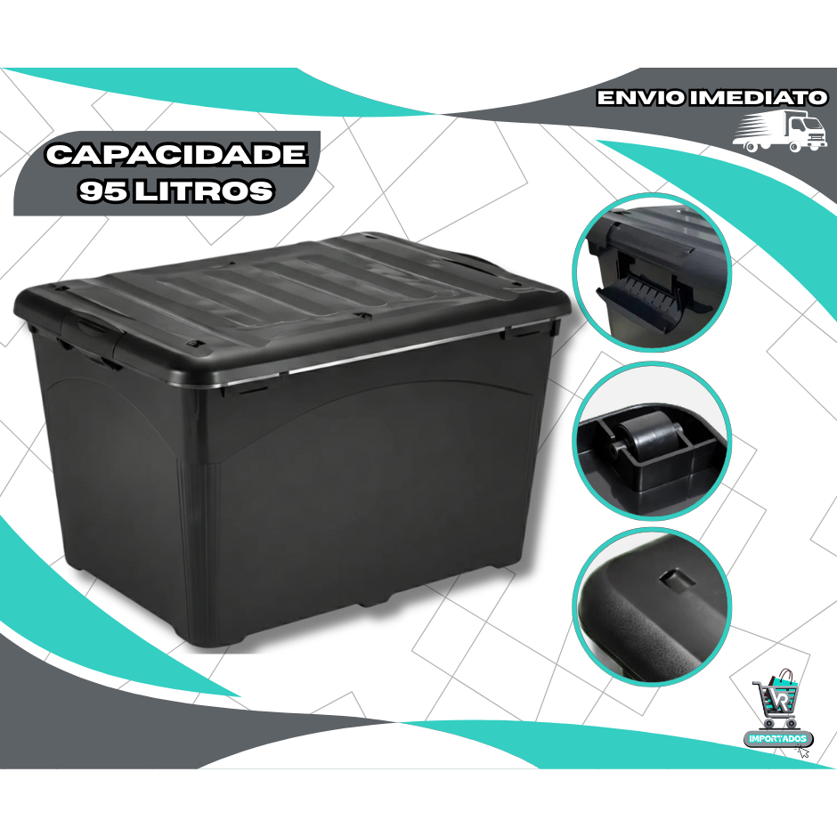 Caixa Organizadora Grande 95 Litros Preta Tampa Trava Rodinha Transporte Empalhável HeavyBox Reforçada