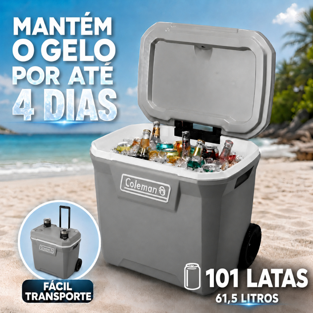 Caixa Termica Com Rodas 61,5L Coleman Cooler Termico Grande Cinza Com Alça Porta Copos Camping Praia