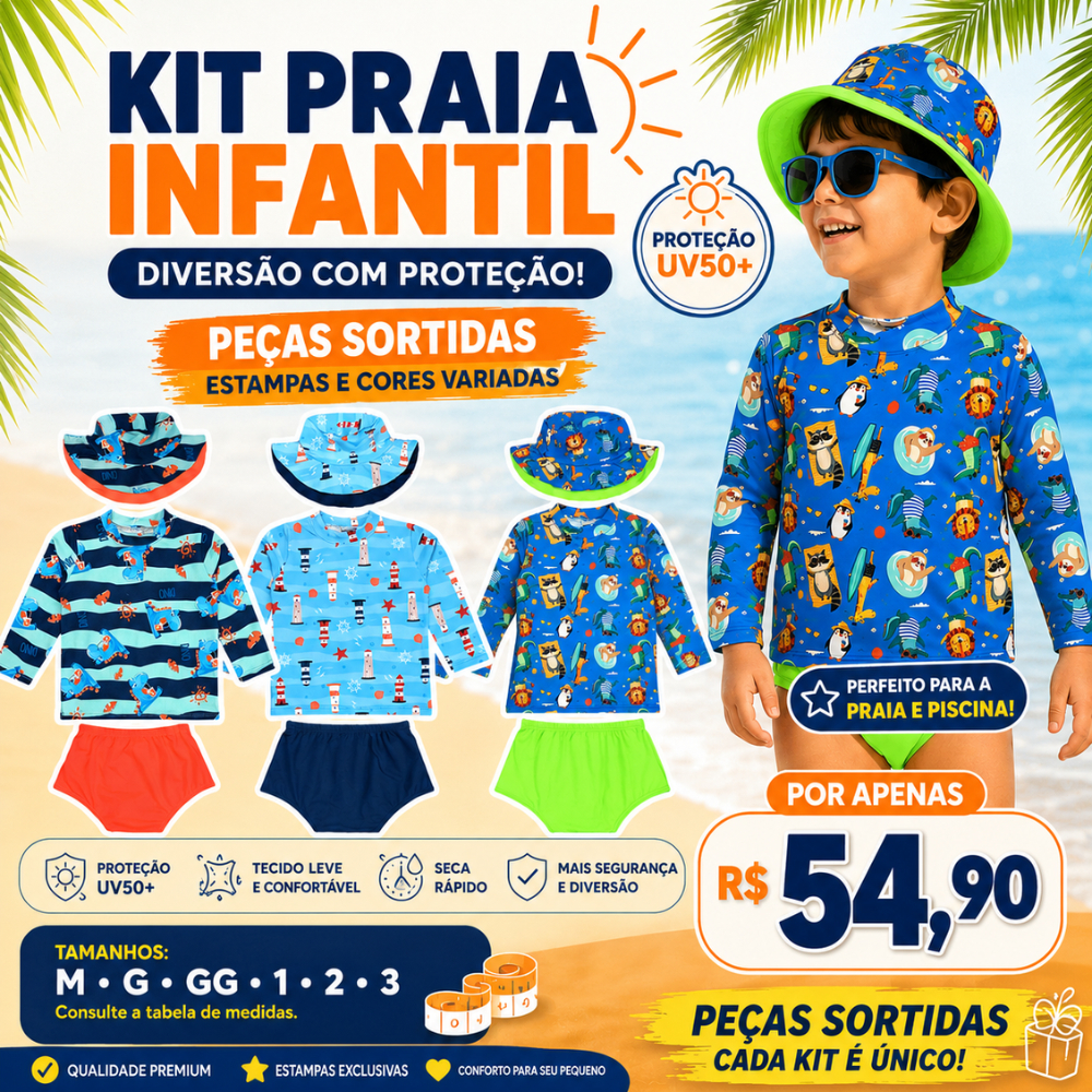 Kit Lote SORTIDO Blusa com Proteção Solar UV50 + Tapa Fralda (sunga) + Chapéu Bebê e Infantil Moda Praia Meninos