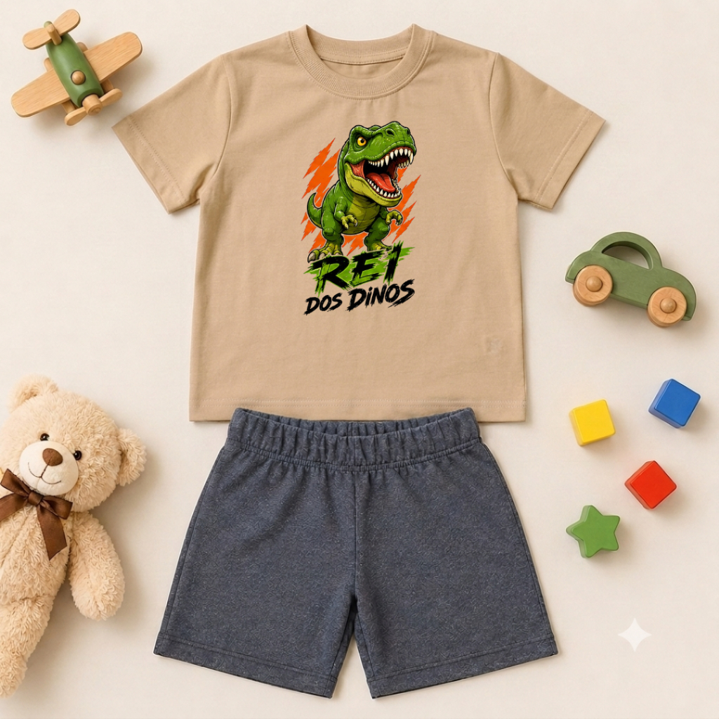 Conjunto Infantil Masculino Camiseta Algodão e Bermuda Moletinho Estampa Dinossauro Rei