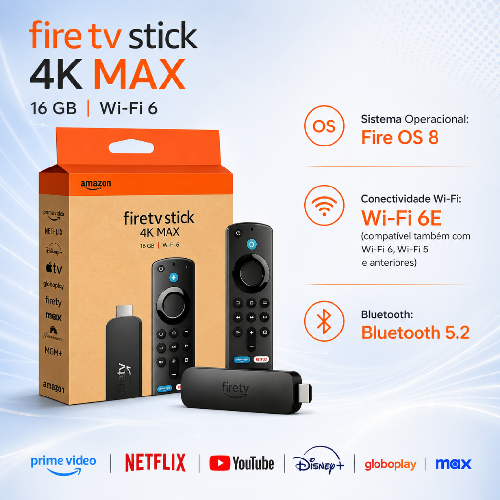 Amazon Fire TV Stick 4K Max 16GB Wifi 6E Com Alexa Comando de Voz integrado