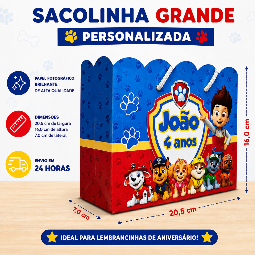 Kit Sacolinha Personalizada Grande - PATRULHA CANINA | Lembrancinha Festa Infantil Aniversário
