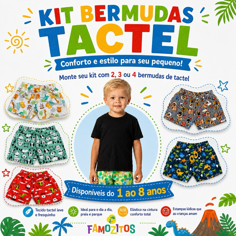 Kit Bermudas Infantil Tactel Estampada Meninos Sortidos - Tamanhos 1/8 Primavera/Verão