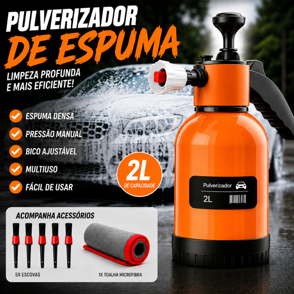 Pulverizador de Espuma 2L Alta Pressão + Kit Escovas Lava Jato