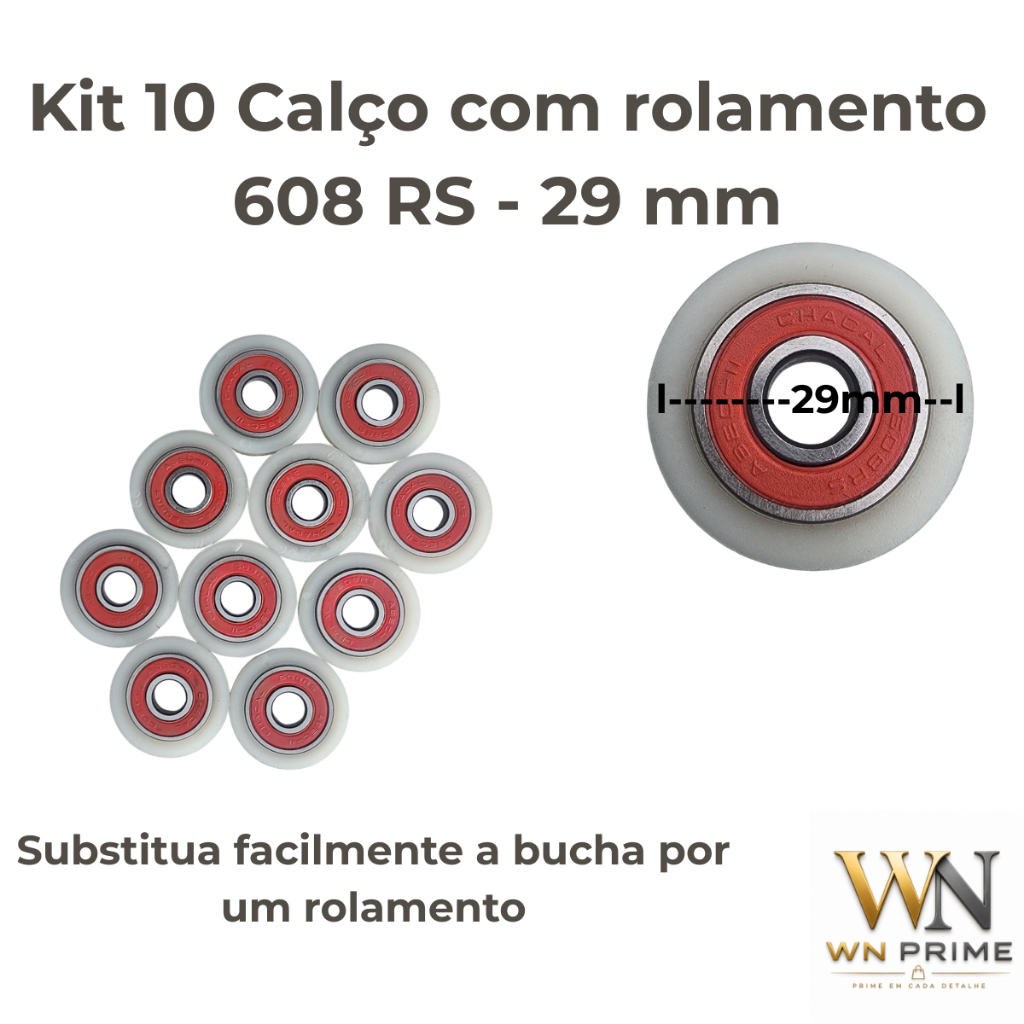 Kit 10 Calços 29 mm com Rolamento 608 RS para Ventilador