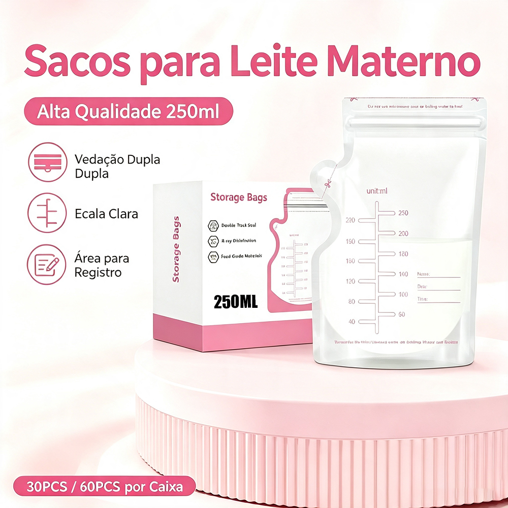 Bolsas Armazenar Leite Esterilizadas Antivazamento 250ml Apto Geladeira Freezer Caixa 30/60 P1