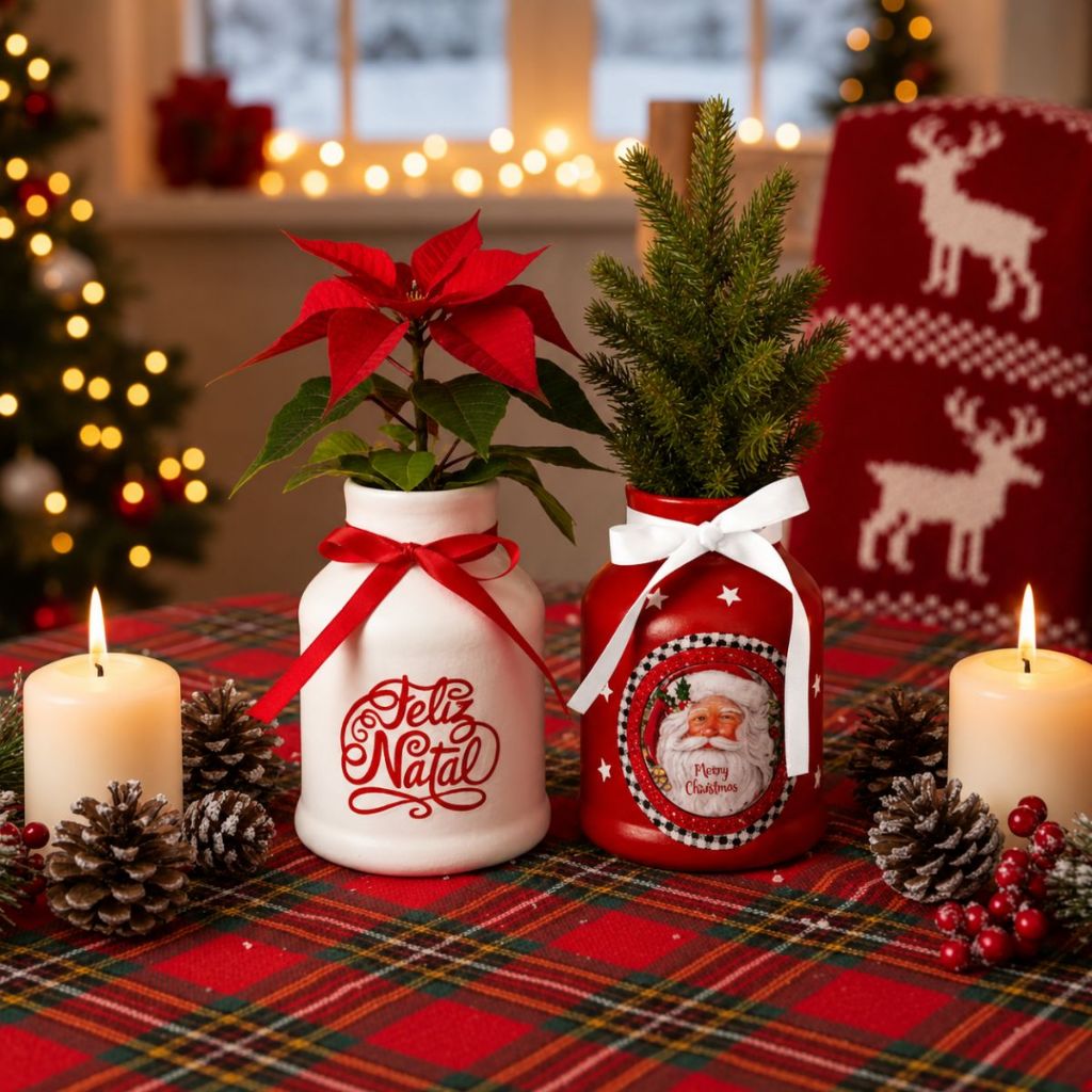 2 Vasos Cerâmico Mini Vaso Plantas Flor Mudas Decoração Natal Papai Noel