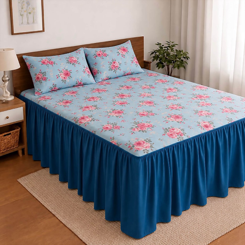 Lençol Colcha Cama Casal 3pçs Malha 100% Algodão com Babado Elástico Estampado