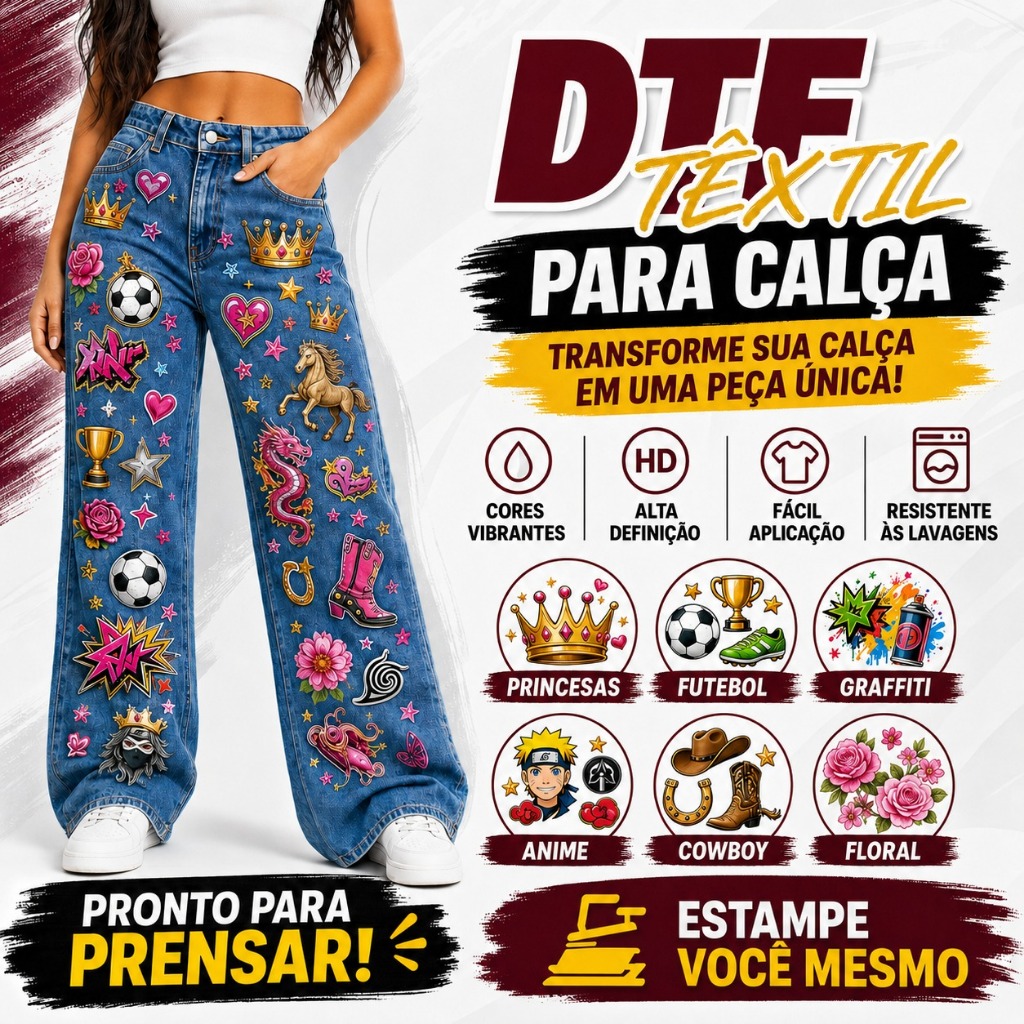 Estampa DTF Têxtil para Calça 1 Metro – Estampas Diversas – Pronta para Prensar