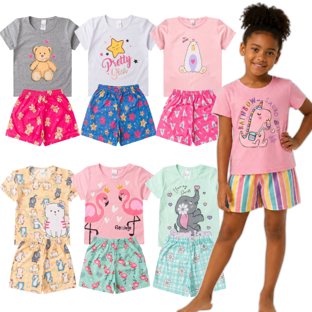Kit 6 Peças Pijama que Brilha no Escuro Verão Infantil Feminino Menina Tecido Leve e Respirável KIT com 3 Conjuntos