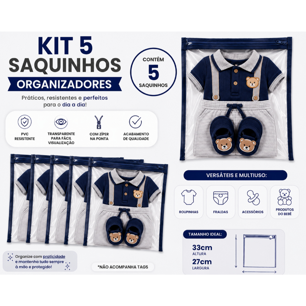 Kit 5 Saquinhos Maternidade Multiuso Organizador Nécessaire Envelope Com Zíper para Roupas Molhadas