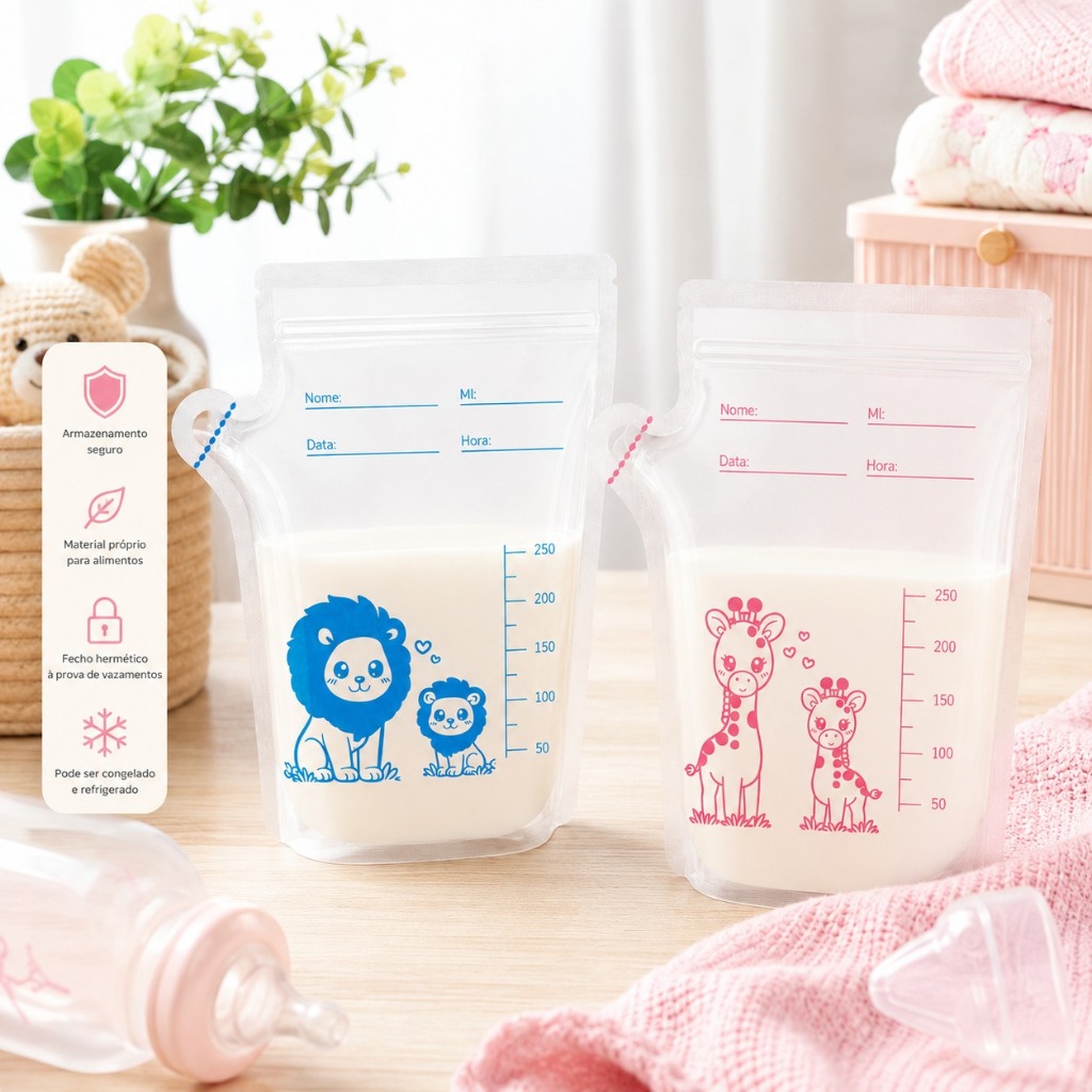 Kit Saquinho Armazenamento Leite Materno Rosa e Azul Saco para Coleta Conservação e Congelamento maternidade amamentação