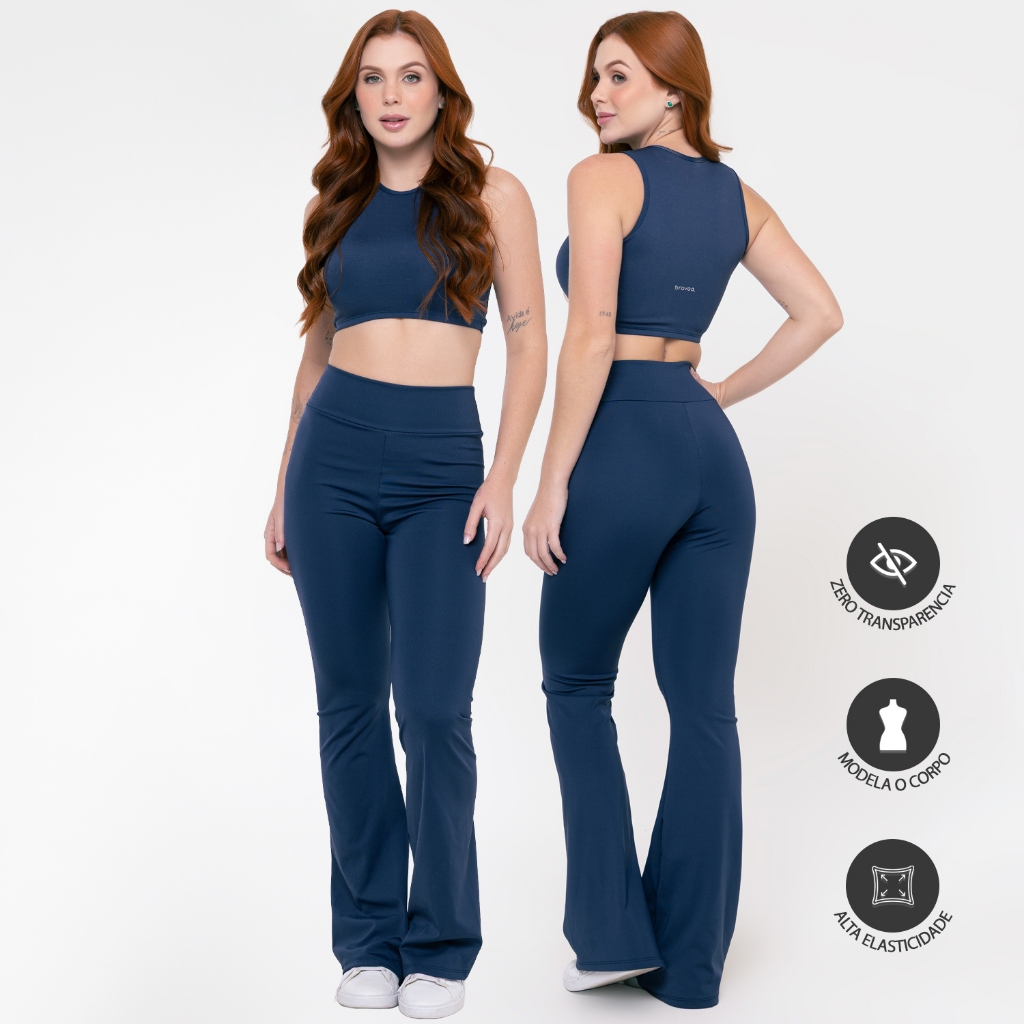 Conjunto Fitness Bailarina Top Regata Legging Flare Suplex Zero Transparência Feminina 070