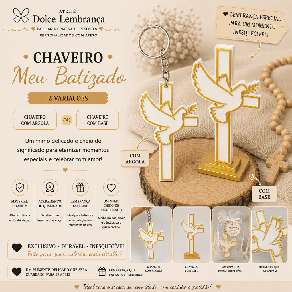 Lembrancinha Meu Batizado Cruz com Espírito Santo | Chaveiro ou Com Base | Kit Personalizado para Batizado 10 unidades