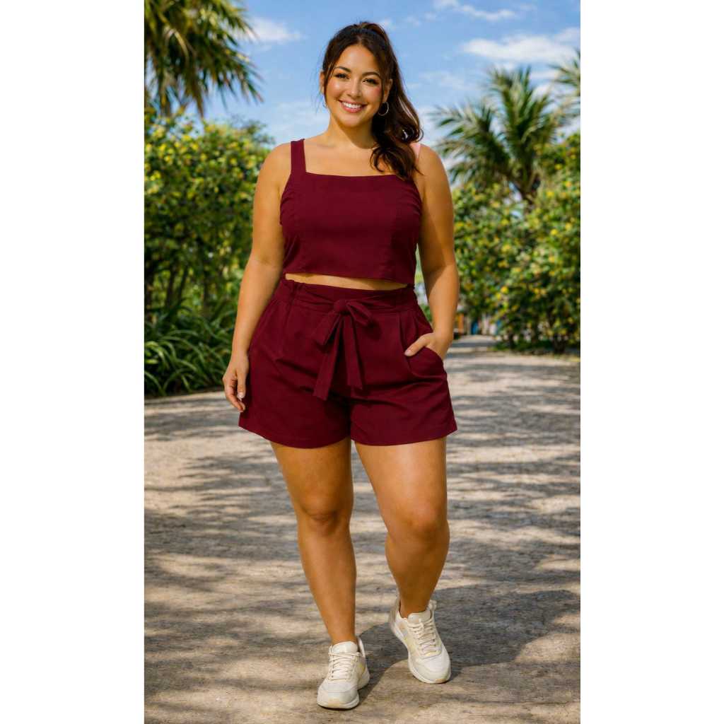 CONJUNTO PLUS SIZE  Cropped + Short Cintura Alta | Moda Blogueira | Confortável | G1 - G2