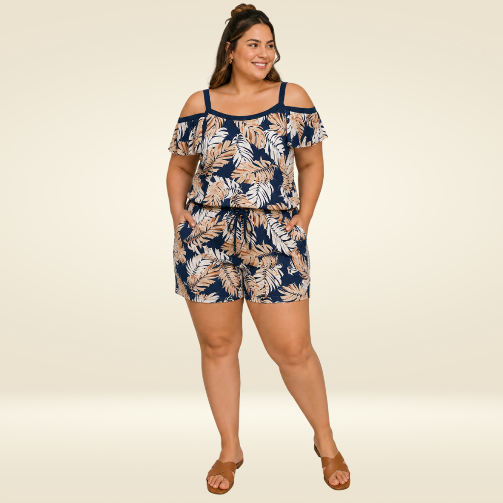 Conjunto Feminino Plus Size Estiloso Verão Blusa Ciganinha Estampada e Shorts Estampado Confortável Casual