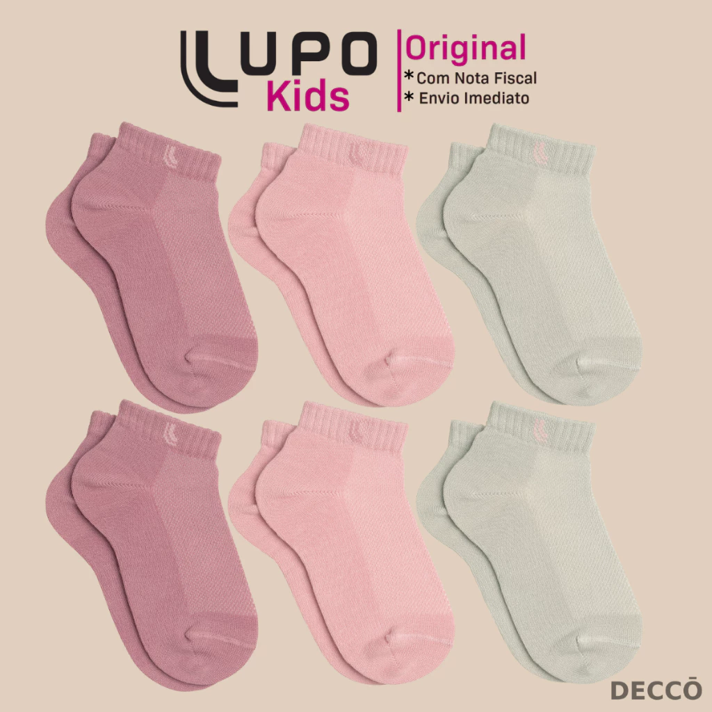 Kit De 6 Pares Meias Lupo Kids Infantil Cano Curto Algodão Tamanho 24 ao 35