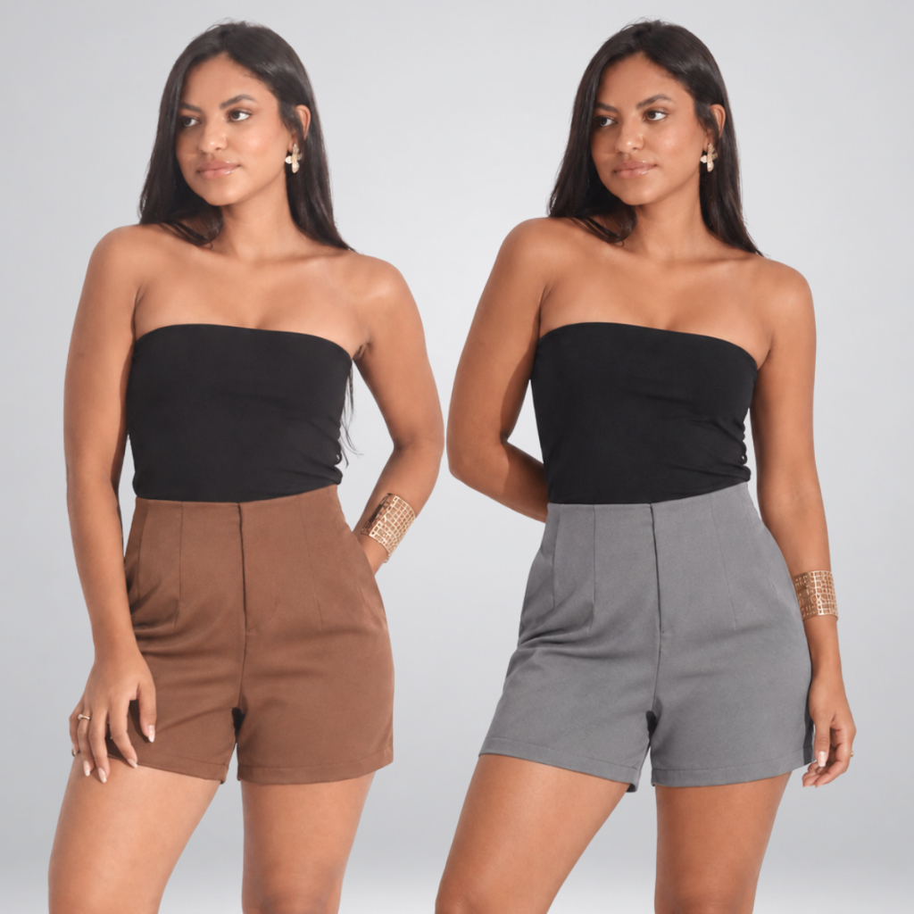 Kit Short Alfaiataria Social Cintura Alta Com Zíper Lateral