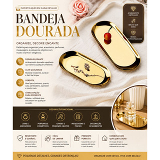 Bandeja Aco Inoxidavel Luxo Decorativa para Jóias Alimentos Dourado
