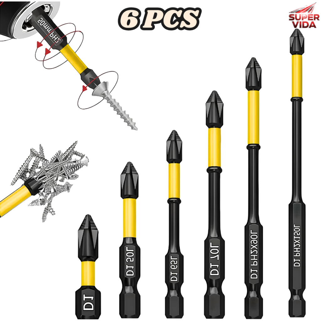 Kit 6 Bits Phillips 25-150mm Aço S2 Magnético Antiderrapante Para Parafusadeira