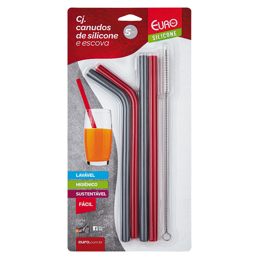 Imagem Canudos de Silicone Reutilizáveis Euro Home Kit 5 Peças com Escova Lavável e Sustentável