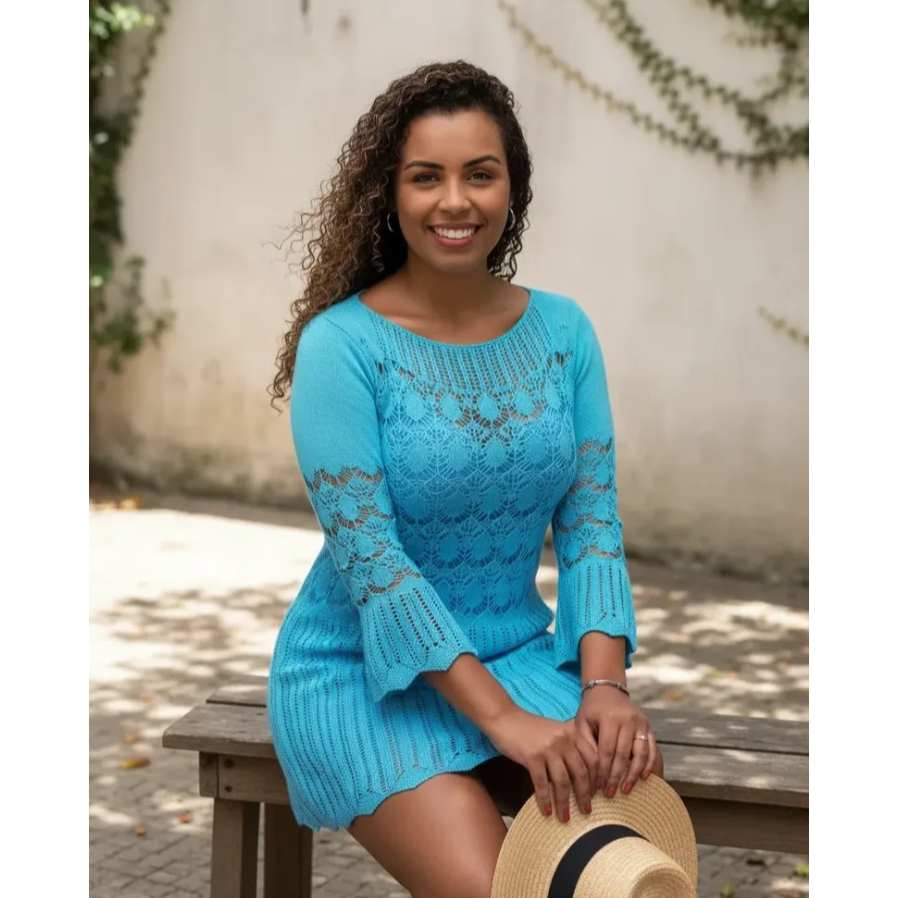Saída De Praia Vestido Rendado Tricô Crochê Luxo Moda Praia