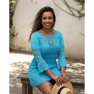 Saída De Praia Vestido Rendado Tricô Crochê Luxo Moda Praia