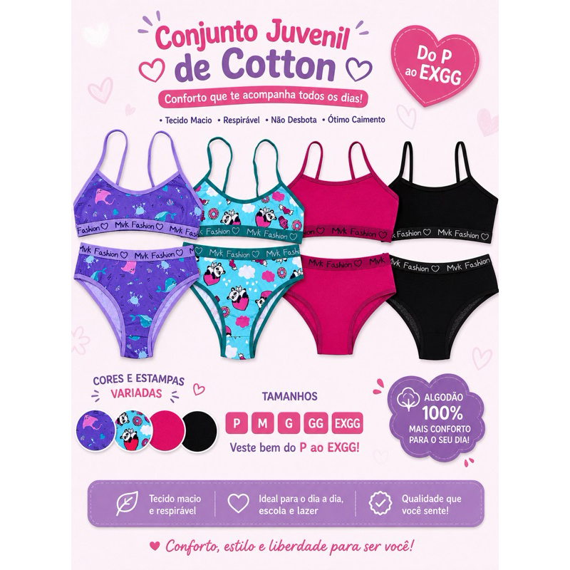 Kit 3/5 conjunto juvenil feminino calcinha e sutiã sem bojo lisa e estampado em algodão