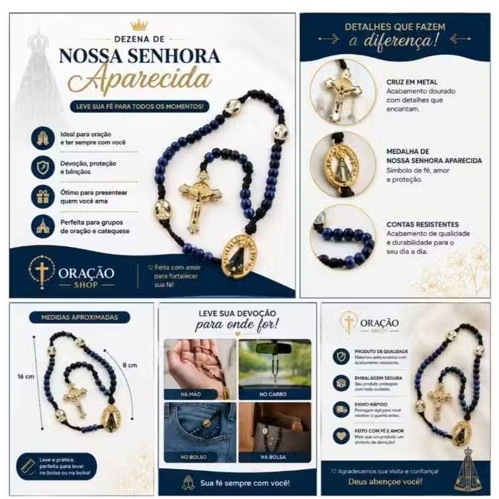 Dezena de Nossa Senhora Aparecida com Cruz Dourada – Terço de Mão Católico Artesanal