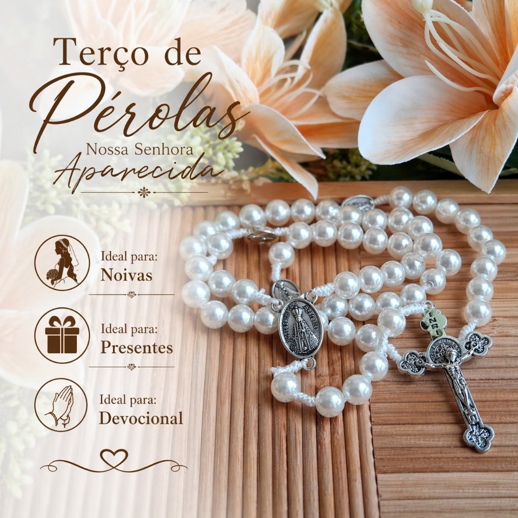 Terço Nossa Senhora Aparecida Pérolas Medalha Prateada Noivas 50cm - Casamento Católico Devocional Presente