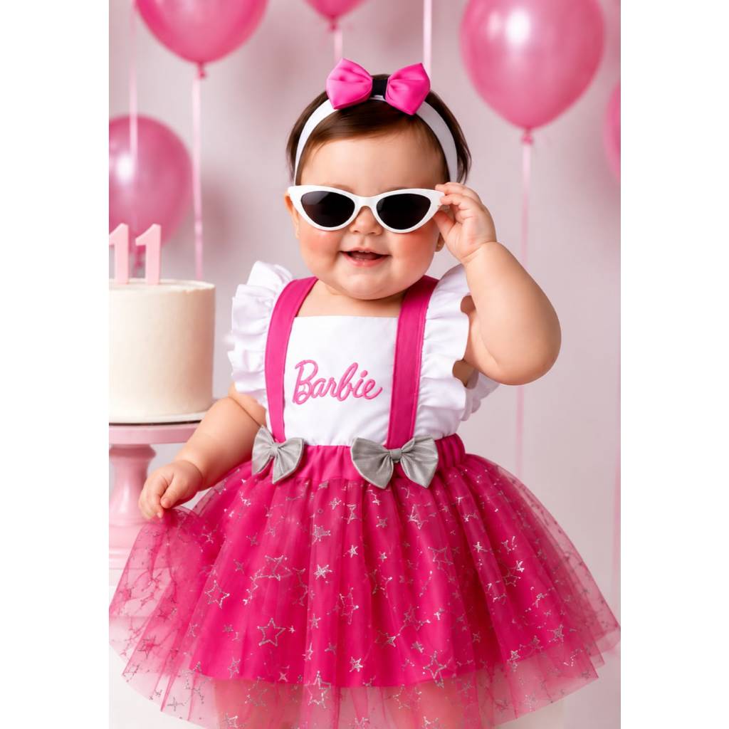 Romper temático jardineira mesversario e aniversario princesas boneca tule Pink
