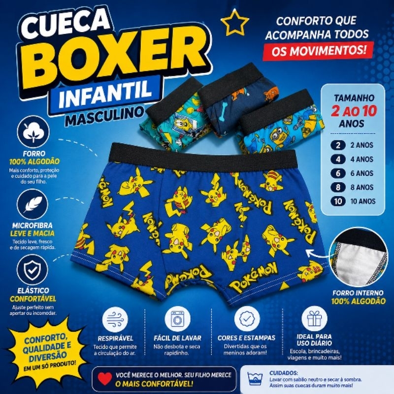 Kit 3 e 5 Cueca Boxer Infantil Menino Microfibra Personagens Forro 100% Algodão Confortável (2 a 10 anos)