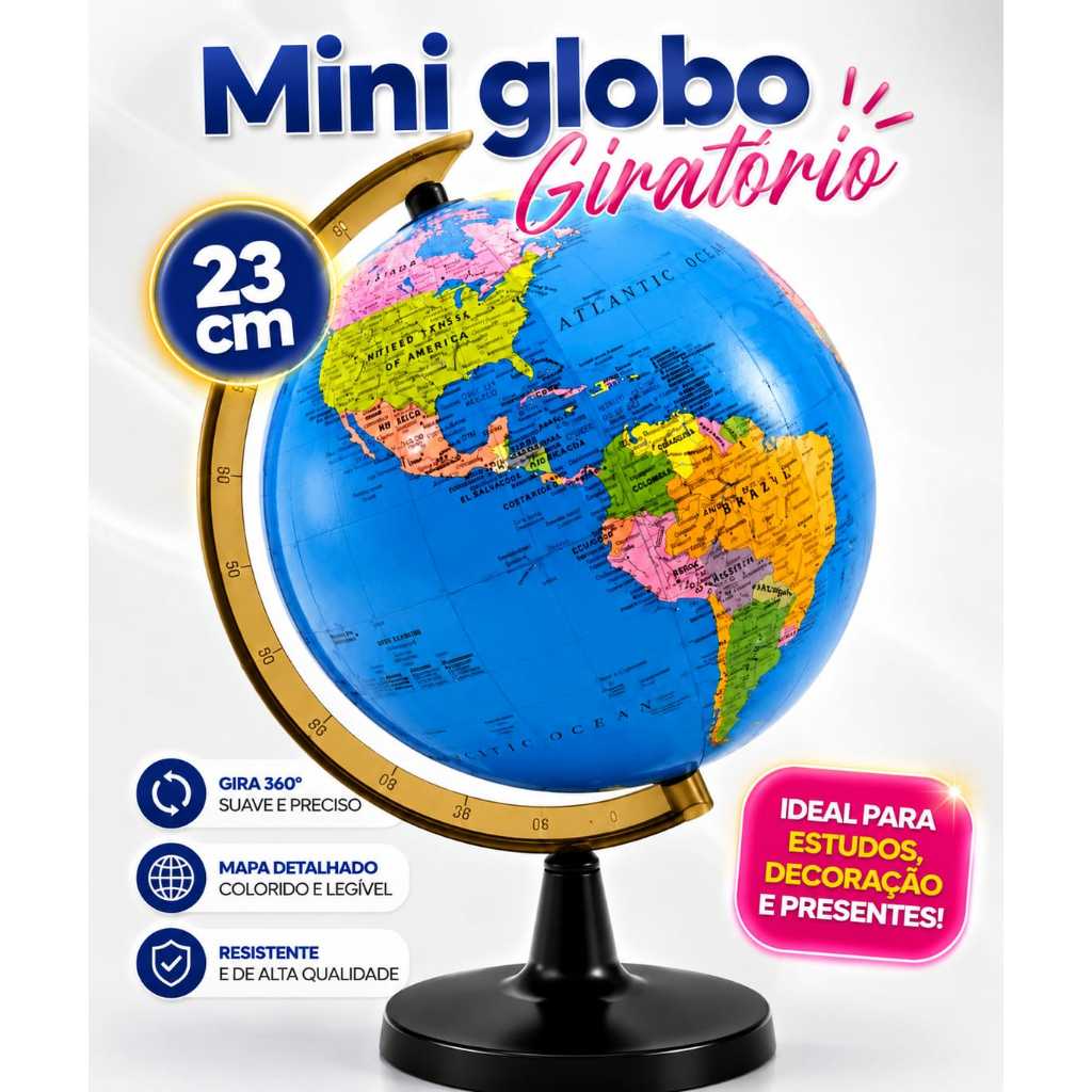 Mini Globo Terrestre Decorativo Giratório Mapa Mundi 23cm  Plástico - Descubra o mundo na sua mesa
